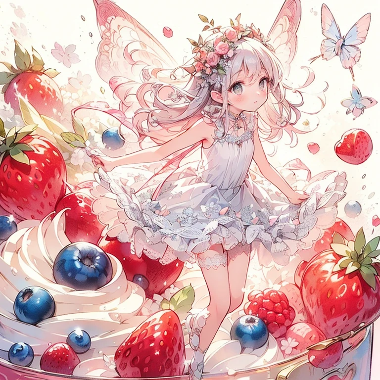 (Exquisite, beautiful, Very detailed, masterpiece, High resolution,high quality,High resolution),(Well-formed face,Soft and thin lines: 1.2, beautiful, Delicate and vivid illustrations with a mature and clear feel), Strawberries, raspberries, blueberries, cranberries, whipped cream, fresh cream and custard cream floating on a white background,A fairy with beautiful, clear wings is floating in the air, casting a spell on whipped cream with a magic wand and laughing happily.,She is wearing a fluffy cream, red and white cafe apron with lace, frills and ribbons with a shortcake motif, and a cafe employee hat.,(She has fair skin, short eyebrows, a pale pink blush, plump pink lips, beautiful eyes, and a nice body with a fairly large, fluffy bust.,Knee-high with lace,),Vibrant and eye-catching colors,Dynamic Angles,Dream Cute,