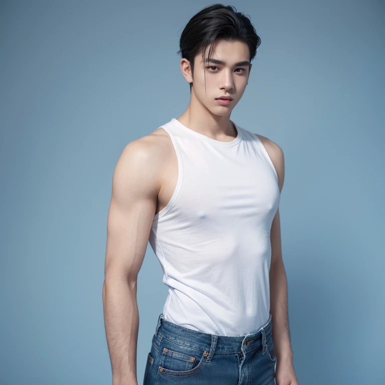 male, 20 year old boy, black eyes, slick back, wearing white long hand shirt clothes, blue jeans, Pectoral muscles, Wide shoulders , half body photo, walking, head facing the camera, (background: blue color empty background)