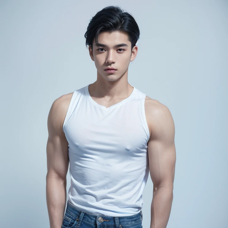 male, 20 year old boy, black eyes, slick back, wearing white long hand shirt clothes, blue jeans, Pectoral muscles, Wide shoulders , half body photo, walking, head facing the camera, (background: blue color empty background)