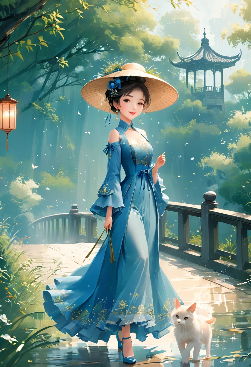 1girl, Cai GuoRUN's illustration style, Flat illustration style，Asian women in blue dress，With grass and hat，Walk elegantly on the Rococo-style bridge，full-body shot，Soft Light，Symmetrical composition，Romantic shades，Telephoto lens，Elegant action，Confident smile, 1cgrssh1