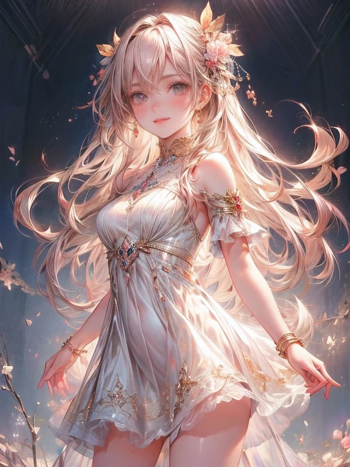 masterpiece:1.2, highest quality, 16k, highres, ultra-realistic, photorealistic:1.37, beautiful detailed:1.2, cute girl, standing in Fashion show, fashion model Striking a pose while standing elegantly on the runway, beautiful delicate artistic avant-garde revealing dress, gently smile, beautiful delicate(hair, face, long eyelash, eyes, pupils, lips, knee, anklet, dress), sparkling eyes, shining rosy lips, blushed cheek, through bangs,