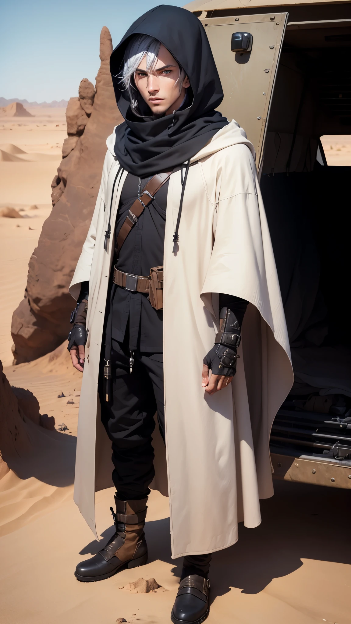 1 male, full body, desert, white scarf, cardigan, cargo pants, black hood, blue eyes, black hairs, futuristic, desert nomad, ((cloak, extremely detailed eyes)), gloves