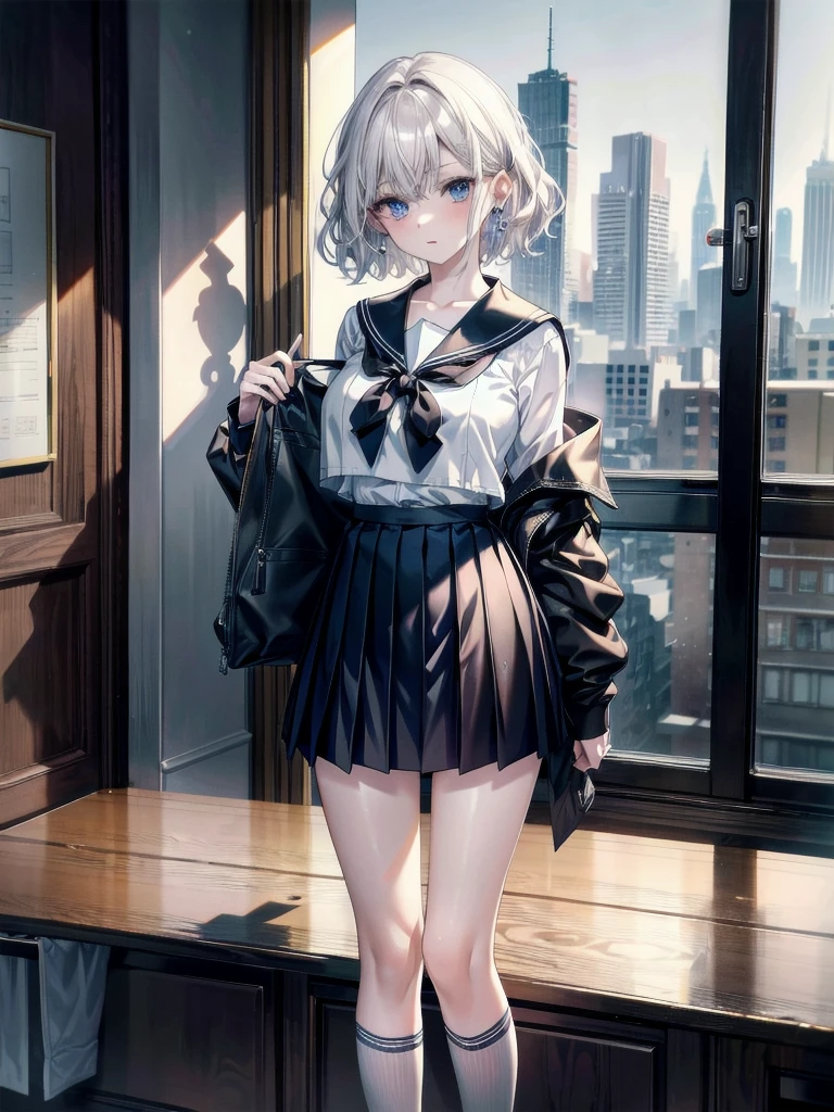 absurdres, RAW photo, extremely delicate and beautiful, masterpiece, Best Quality, ultra high resolution, 32k, hyperrealistic, ultra-detailed, detailed description, pale skin, 20 years old, tearful mole, earring, Colossal tits, short medium hair, wavy hair, full body shot, sailor uniform, school_uniform,