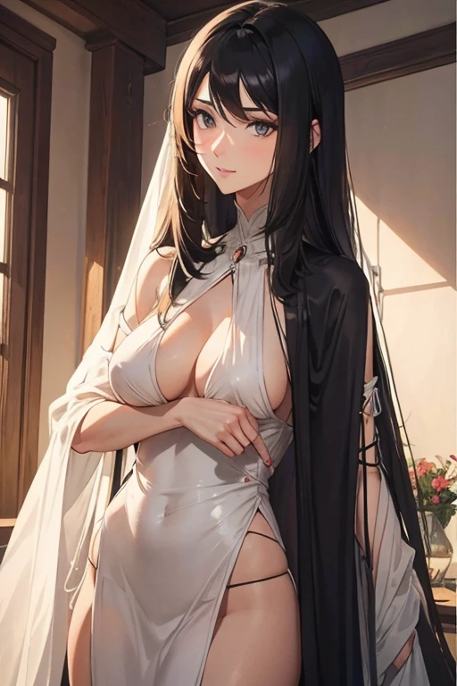 beautiful tall milf with long asymmetric neck-length hair cut