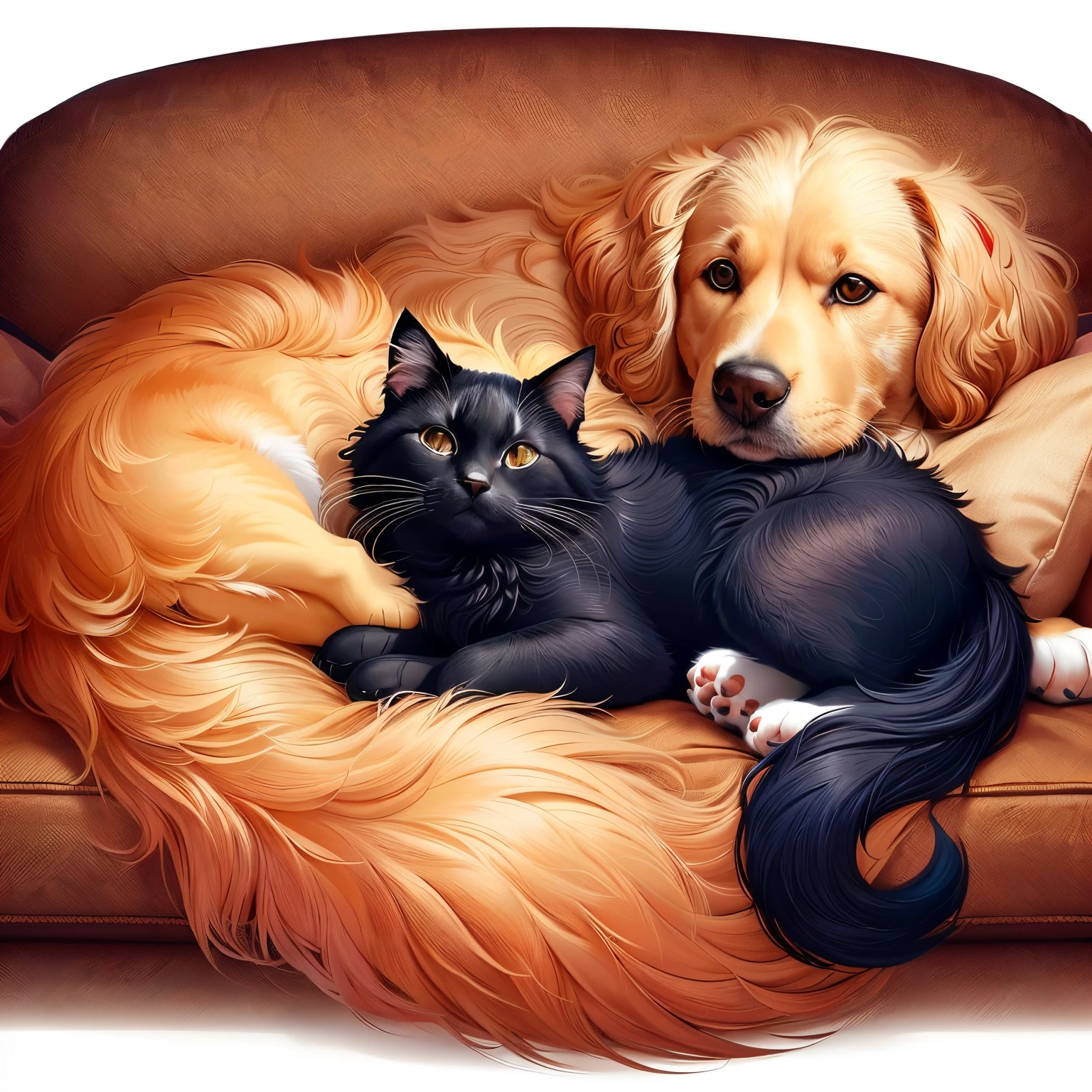 there is a cat and a dog lying together on the sofa, adorable digital painting, Pet, adorable and furry, os melhores amigos, gato em cima do cachorro, arte peluda muito linda, arte digital fofa, realistic illustration, arte detalhada fofa, arte digital detalhada fofa, por Dechko Uzunov, plush mix for dog and cat, arte digital peluda, arte de pata peluda