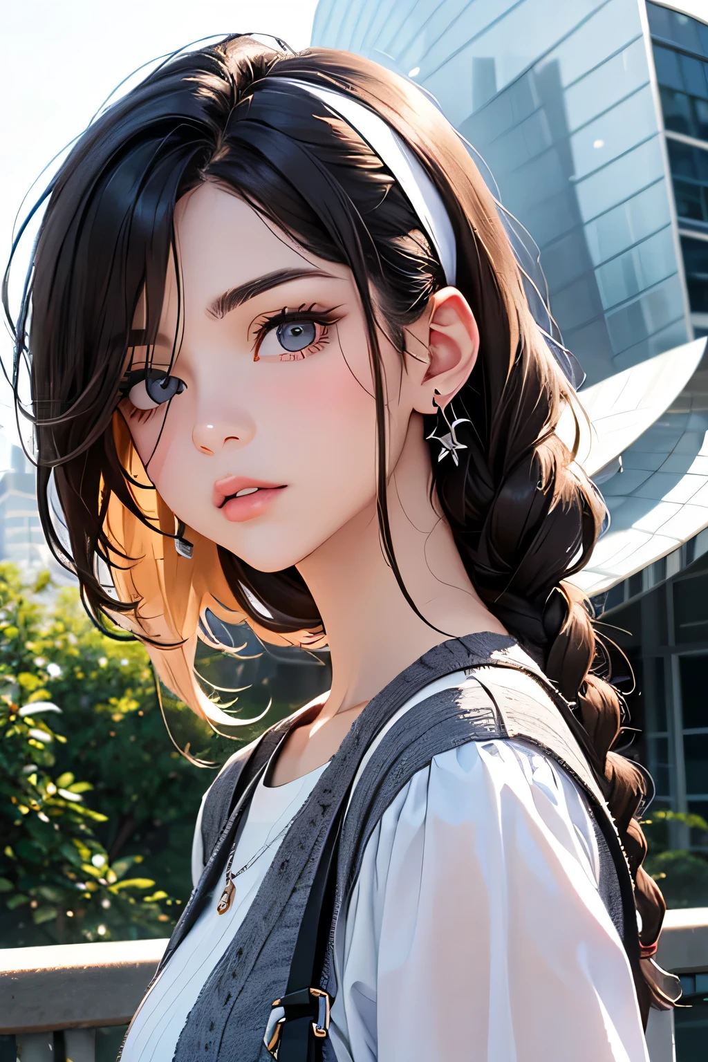 highest quality、High resolution、Detailed Background、(Beautiful face in every detail:1.4)、Anatomically correct、(Draw the usual number of fingers:1.2)、(Detailed facial expressions)、(Detailed eyes:1.2)、(Detailed eyes:1.2)、age beauty、(Highly detailed face:1.4)、Brown Hair、Braided Ponytail、Braided Bob、Braided long hair、Wavy Hairstyle、well-groomed eyebrows、cute eye makeup、Cute Lip Makeup、cute gesture、Fit on one screen、Show the whole body、
(A beautiful girl with a big smile, with contemporary architecture and unique design buildings in the background:1.5)、
Pair a jumper skirt with a casual top、
Choose a striped T-shirt or a blouse with a cute print.、
Pair with casual shoes such as sneakers or loafers.、
You can also combine a jumper skirt with a blouse or knitwear with frills or lace to create a girly look.、Add some hair accessories and colorful socks to make your look even cuter.、
Jumper skirts can also give off a retro vibe.、
Pair it with a polka dot or checked blouse and add a headband or vintage-inspired accessories to complete the retro look.、
Contemporary architecture and unique design buildings、Very original and innovative design、
The building features curved shapes and innovative construction in steel and glass.、
The building features curved and angular shapes and modern materials such as glass and steel.、
The building features a glass facade and energy-efficient design.、
Walt Disney Concert Hall in California and the Guggenheim Museum Bilbao in Spain、Germany's Dresden State Art Museum and Austria's Vienna Zentralbahnhof、London City Hall in the UK and Berlin Central Station in Germany、cute