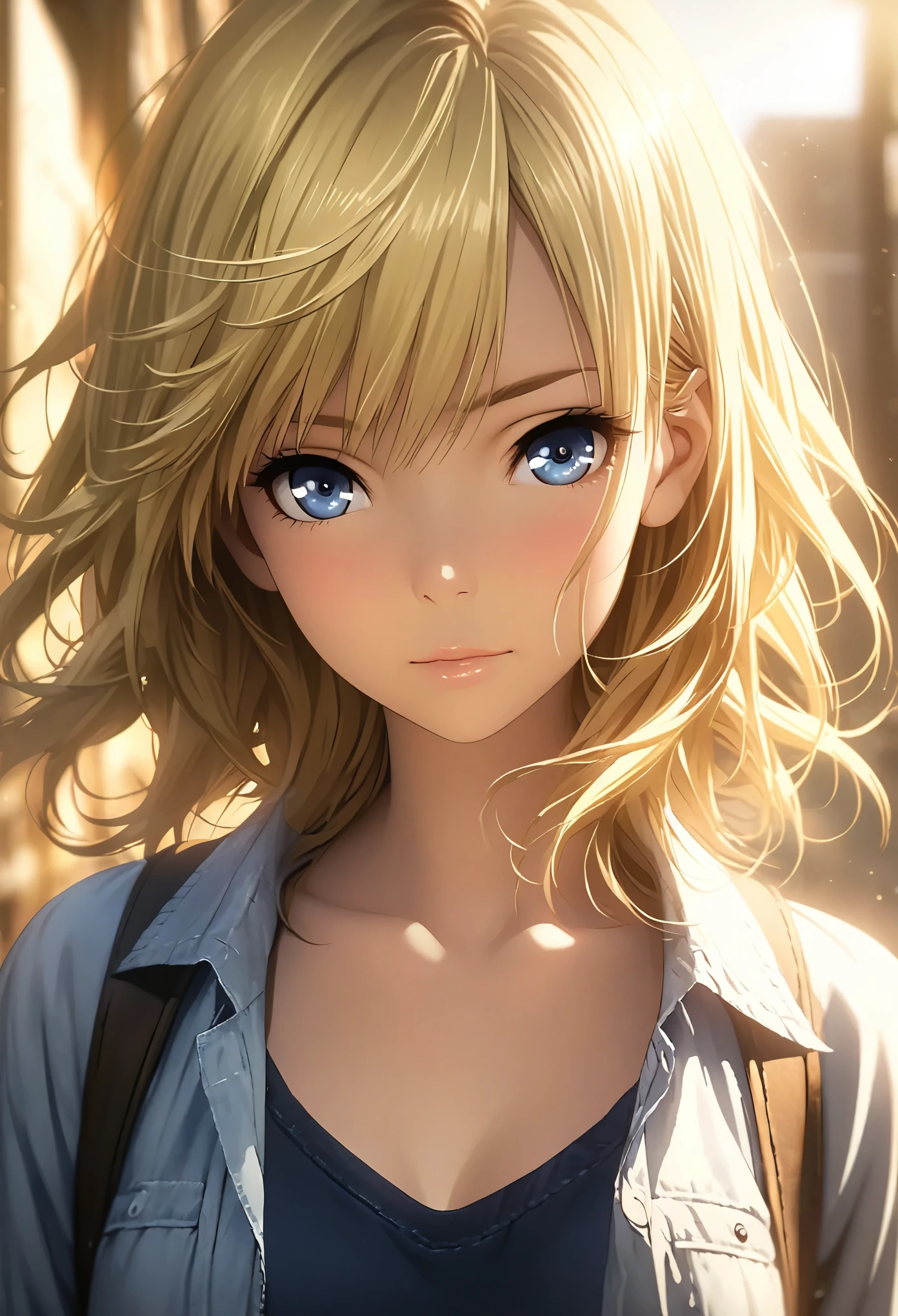 portrait, Practical, blue eyes, Blonde hair, Mid-chest, 4K resolution, High quality CG, Beautiful CG, Soft Light, Octane Rendering