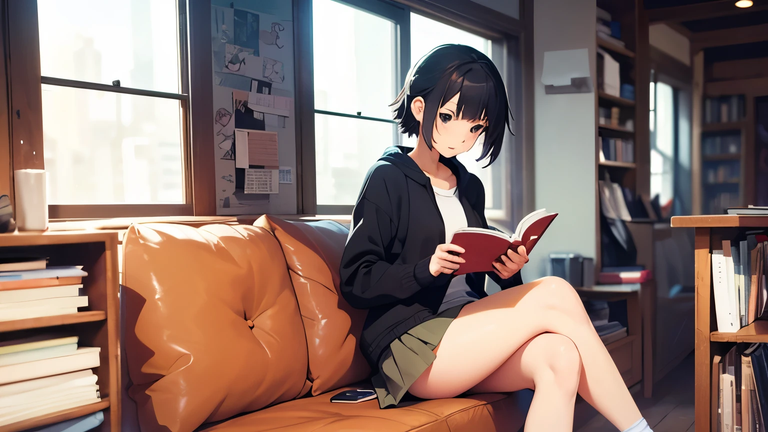 Anime girl in a miniskirt, Reading a book,whole body,Complete two-legged,Complete Hand,Makoto Shinkai&#39;s art style, Shinkai Makoto style, Painted in an anime artist&#39;s studio, By Shinkai Makoto. Digital Rendering, Lo-fi Girl, ( ( By Shinkai Makoto ) ), in the Makoto Shinkai&#39;s Style, Anime Style 4k, Makoto Shinkai&#39;s Style, Created by Anime Painter Studio、sunset、At dusk,(Ultra High Definition CG Integrated 8K Wallpaper: 1.2), (Beautiful Skin: 1.2), (Pale skin: 1.3), (Hyper Sharp Focus: 1.5), (Ultra Sharp Focus: 1.5), (Beautiful pretty face: 1.3), (Highly detailed background, Detailed background: 1.3), Ultra Realistic Photo, Ultra-sharp images, Hyper-detail image