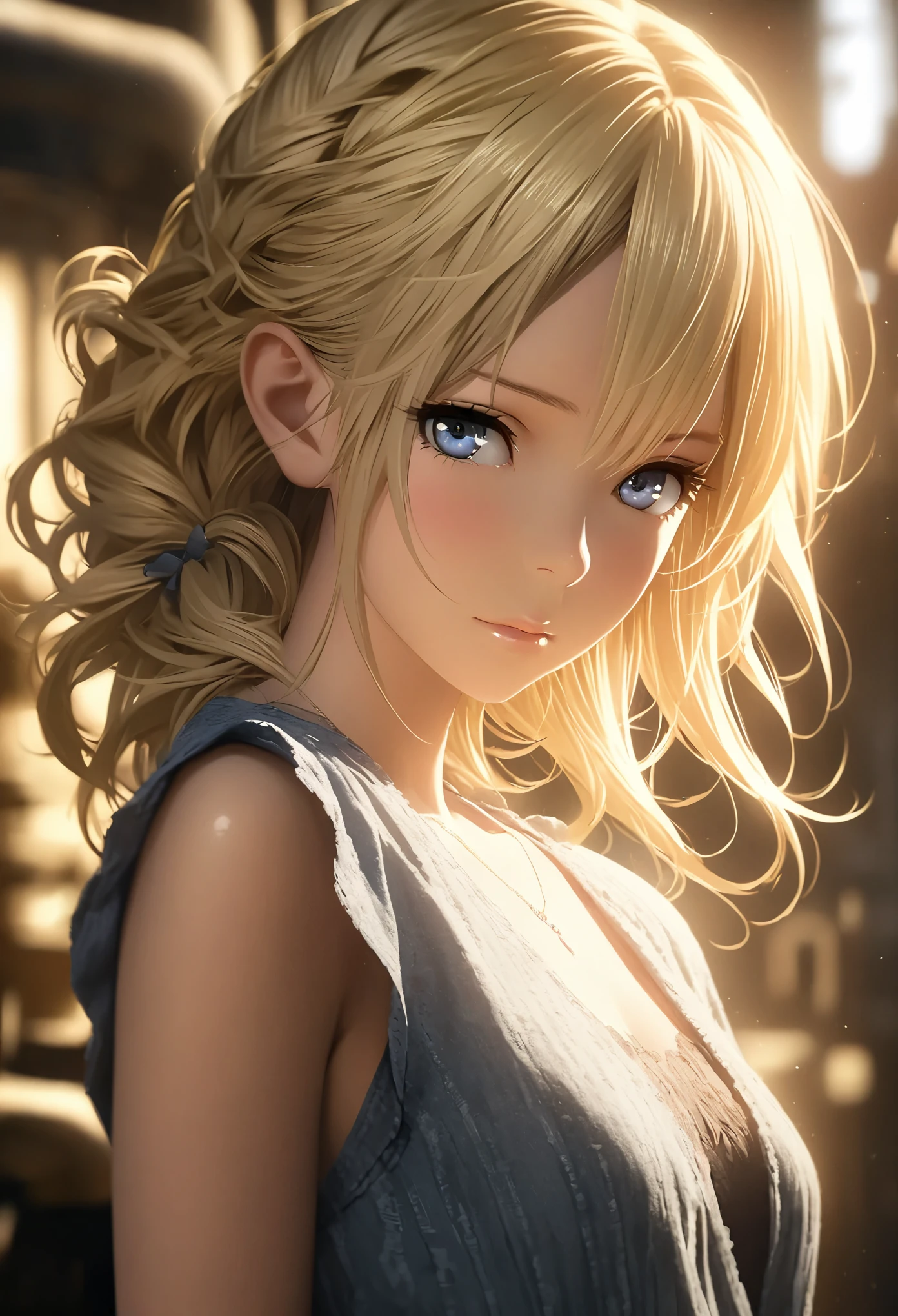 portrait, Practical, blue eyes, Blonde hair, Mid-chest, 4K resolution, High quality CG, Beautiful CG, Soft Light, Octane Rendering