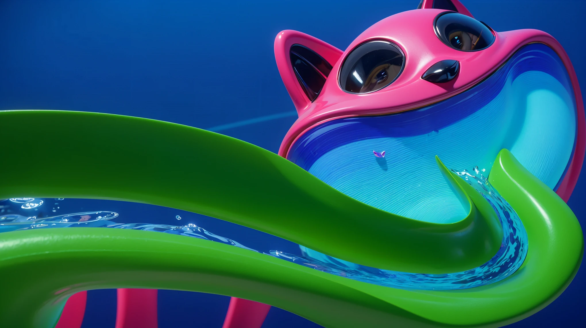 A pink cat character with a pool of water in his mouth lies on a blue platform and looks up at a green water park slide. The image depicts three houses made of fish tails, sitting on the ocean floor. The left house is green, the middle one is purple, and the right one is orange. 3d underwater world algae sand. The image depicts a 3D rendered illustration of a boy and a girl with their hands shaped in the shape of a heart. They are both smiling and have red hair. The background is blue. cartoon characters stand next to each other, Electricsbunny, Holographic creatures, Beeple and Jeremiah Ketner, 🐋 as 🐘 as 🤖 as 👽 as 🐳, matte, Rabbids, cute 3D rendering, 3D icon for mobile game, robot rabbit, Shiny metallic, 3D персонажи violet cat toy, toy cat laying on glossy , glossy texture, smooth 3d model, multiple light sources, rim light, sharp post effects render, (glossy big light probe refractions), perfect cgi, cgi art created only with gradients, smooth silhouette, high intensity refraction, (metalic), most beautiful vfx, blue background