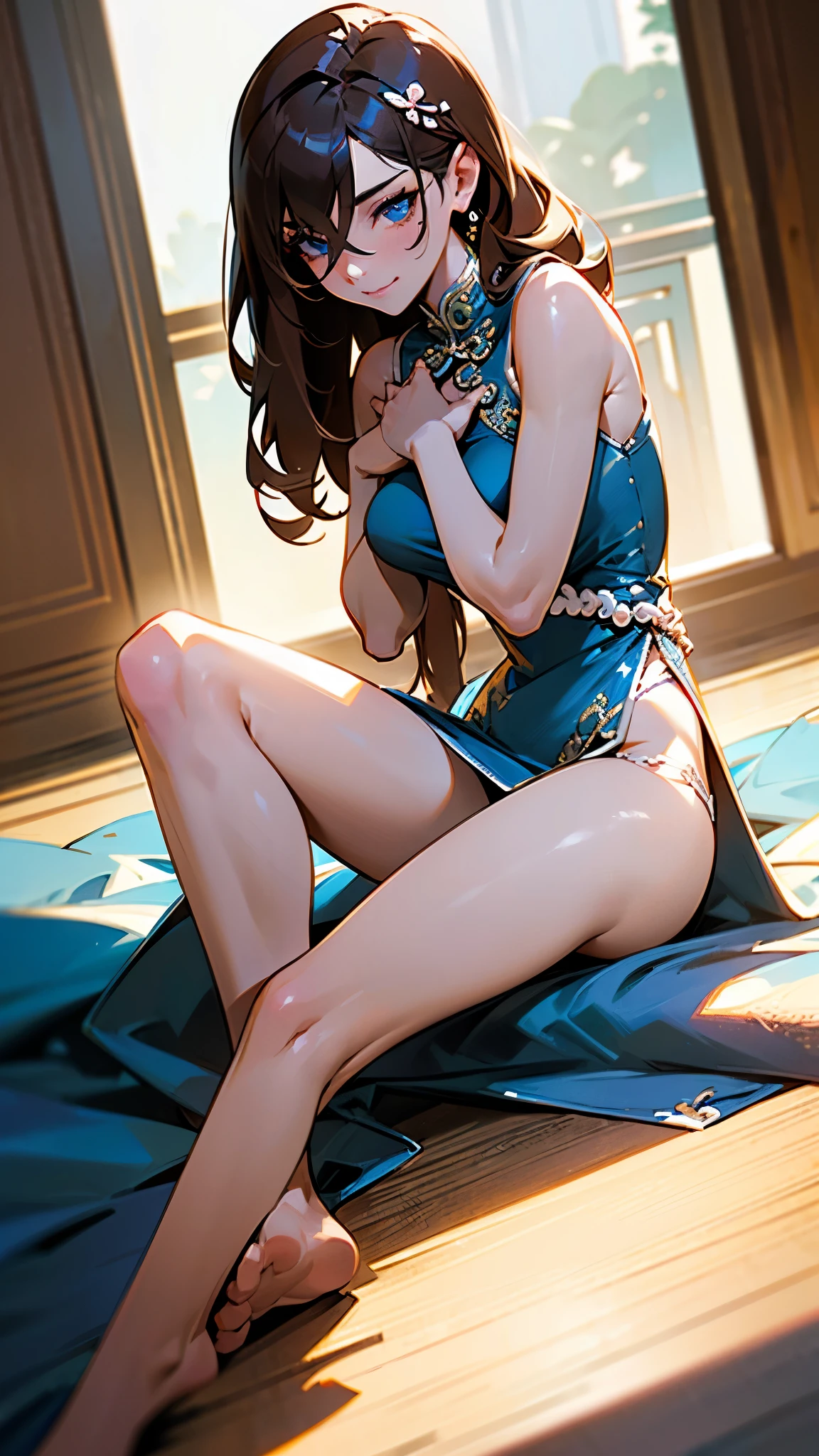 ultra-detailed
, (Realistic:1.3), (photoRealistic:1.2), (highest quality), (Detailed skin:1.3), (Intricate details),
Detailed skin texture, Scattered beneath the surface, Natural Light,
1 woman, 19 years old,
in the extraordinary stage,
(angle from side), (depict from crotch to head:1.1)
(blush:0.6), ((smile)), detailed face,
Brown Hair, half up hair, shoulder length hair, bangs, Hair between the eyes, Hair volume is low,
Hair ornaments
Blue eyes, (iris:1.0), Pupils with clear outline, sparkling pupils , eye shadow, eye line
looking at the camera, eye shadow, detailed eyes, beautiful eyes,
Wearing pearl white Chinese Dress, (long Chinese dress:1.0), Sleeveless dress,
((one Side slit)), Clothes that open at the chest, (wide opened side breast), Open-chested dress,
(pink panty thongs:1.0), pink g-string panty), wear panties inside clothes,
Barefoot,
she has two legs, Two arms, Five fingers, Two joints in the fingers,
Crotch open posture, (Sitting on the stairs), (Do not hide the crotch), (she spread her legs widely:1.2), ((Massage her chest)), cleavage of chest, she has bowlegs
(put her hands side of chest:1.5)
