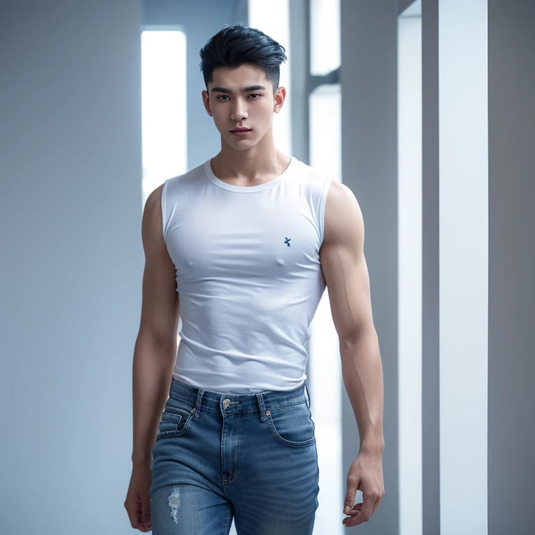 male, 20 year old boy, black eyes, slick back, wearing white long hand shirt clothes, blue jeans, Pectoral muscles, Wide shoulders , half body photo, walking, head facing the camera, (background: blue color empty background)