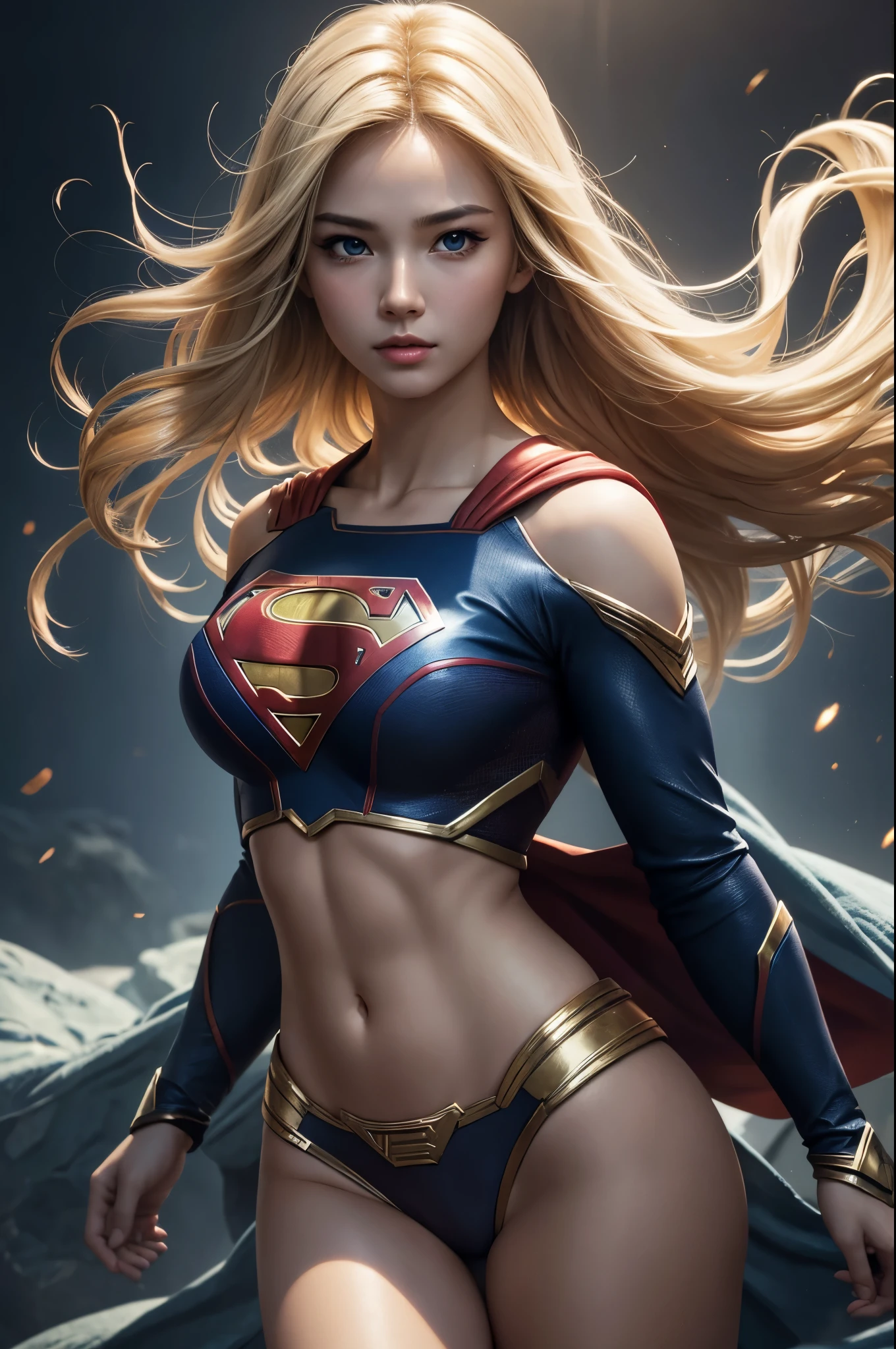 8K,Warrior Supergirl,Blonde,Super Beauty(Like the real thing),Kryptonian,masterpiece,Photorealistic RAW photos of the highest quality。Bright colors,Rich colors, Backlight, Cinema Lighting, Film Grain, to be born, 50mm lens, Nikon D850,Realistic Skin,Fantasy art,Character Art,Ultra-high resolution,Surreal,A wonderful work of art、((Kyoto Panel Style))、Wind effects:1.9、Cloud Effect:1.2、Full Rendering、Professional quality high resolution、Perfect contrast、Perfect lighting、Perfect composition、Perfect Skin、Perfect Fingers、Perfect breasts、Perfect Hair、Perfect Face、Realistic facial features,super highest quality,Slim figure,Perfect body line,Perfect hand shape,Anatomical body balance,Highly detailed face,Highly detailed eyes,Beautiful Lips,Excellent light particles,Cinema Lighting,Makeup,Ultra-high resolution,超Realistic Skin,Sexy woman closeup,Dynamic pose,Hard and strong abs,Makeup,