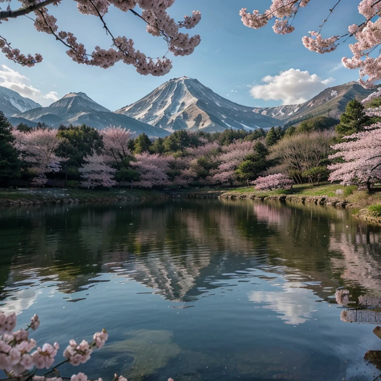 Beautiful japanese scenery with Cherry Blossom,a lake and a beautiful mountain