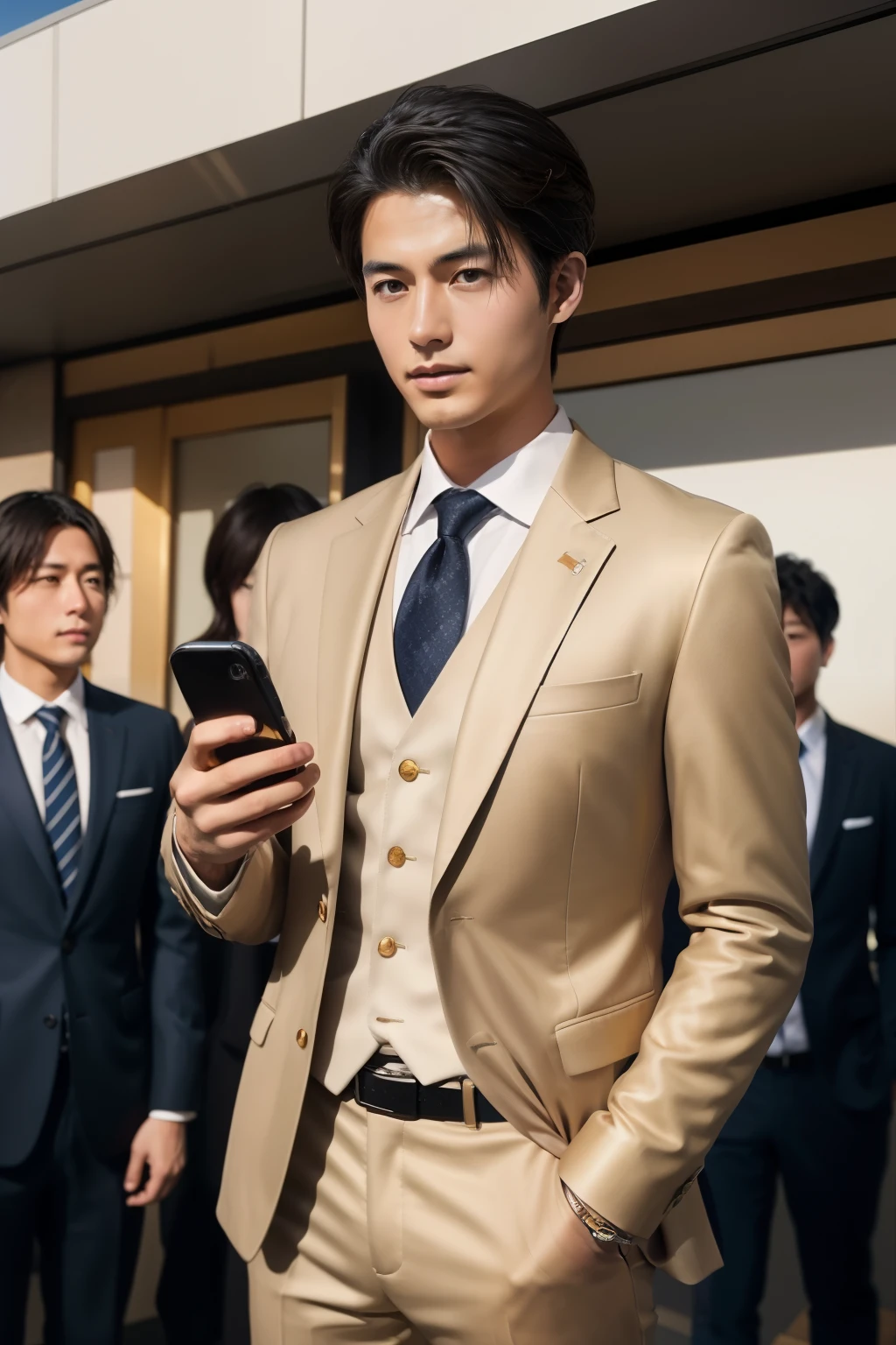 A fresh and handsome 20-year-old new employee、　（A super cool S-class man in a suit）、　20 year old Japanese boys、　Businessman、　(((Gold ultra-luxury suit:1.5)))、　(((I have a smartphone in my hand:1.5)))、Striped suit、　office、　Standing in a suitＳYoung and handsome men、　Full body photo、　（CG Unity 8KのVery detailed写真）、　（Very detailedＳHandsome man in class）、　（Photo realistic）、　　（（highest quality））、　Ultra-detailed、　（masterpiece）、　Ultra HD、　expensive、　Audience、　A kind man、　Very beautiful hair、　Short-haired、　Bright photo、　Handsome like a model、　Handsome like an idol、　Luxury Watches、　Cool Belt、　Japanese