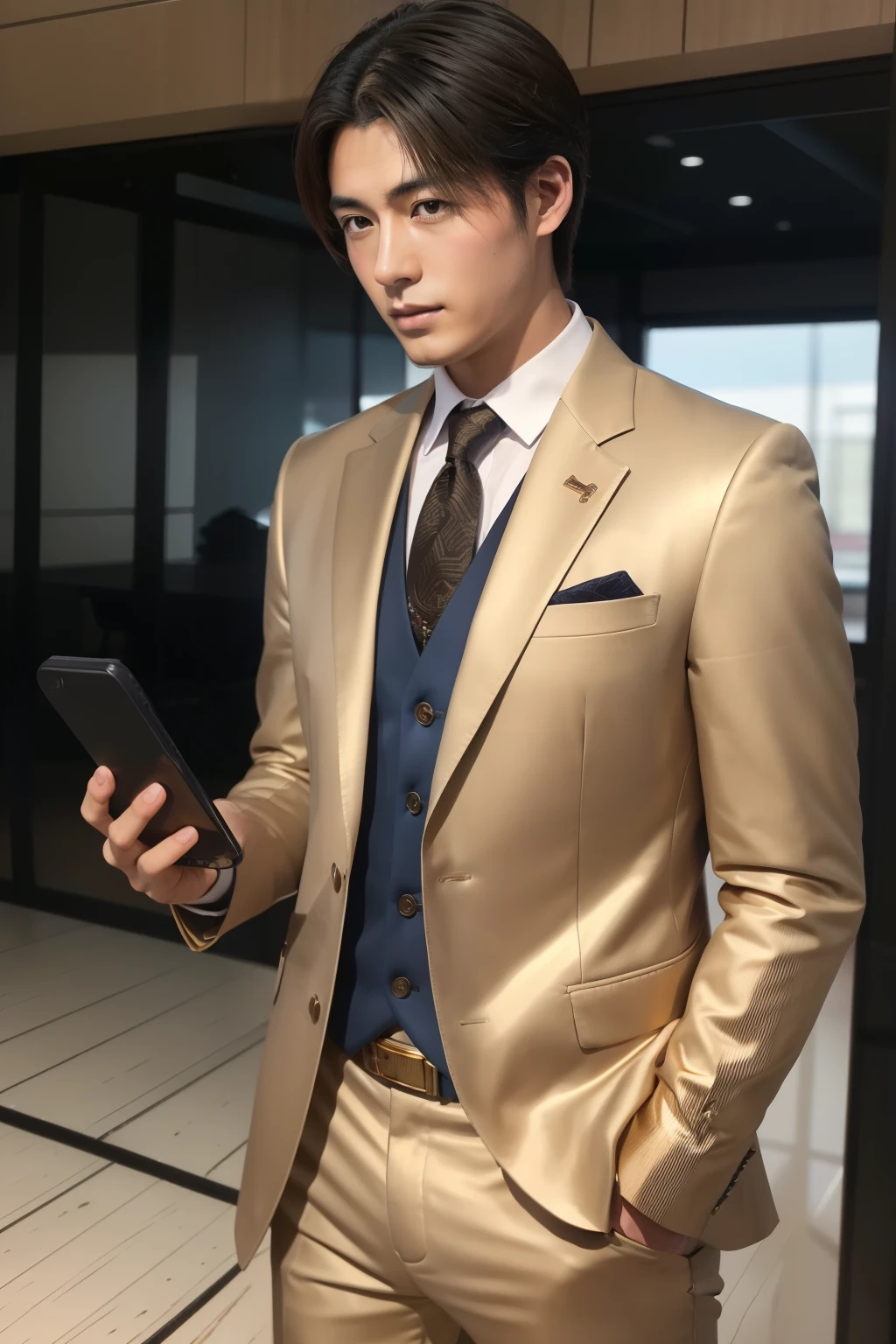 A fresh and handsome 20-year-old new employee、　（A super cool S-class man in a suit）、　20 year old Japanese boys、　Businessman、　(((Gold ultra-luxury suit:1.5)))、　(((I have a smartphone in my hand:1.5)))、Striped suit、　office、　Standing in a suitＳYoung and handsome men、　Full body photo、　（CG Unity 8KのVery detailed写真）、　（Very detailedＳHandsome man in class）、　（Photo realistic）、　　（（highest quality））、　Ultra-detailed、　（masterpiece）、　Ultra HD、　expensive、　Audience、　A kind man、　Very beautiful hair、　Short-haired、　Bright photo、　Handsome like a model、　Handsome like an idol、　Luxury Watches、　Cool Belt、　Japanese