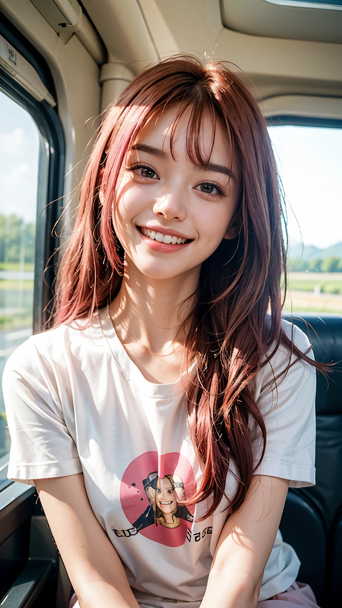 highest quality, masterpiece, Ultra-high resolution, (Realistic:1.4), (Close-up portrait) RAW Photos, 1 girl,20-year-old,((I'm showing my teeth and smiling)),((Big smile)),((Inside the Shinkansen)),((look up)),((Random cute poses)),,((Passionate pink haired girl )),((Pure white T-shirt)),Messy Hair,((Cap Chestnut)),((Short bangs)),Realistic,Image Media Chest)),