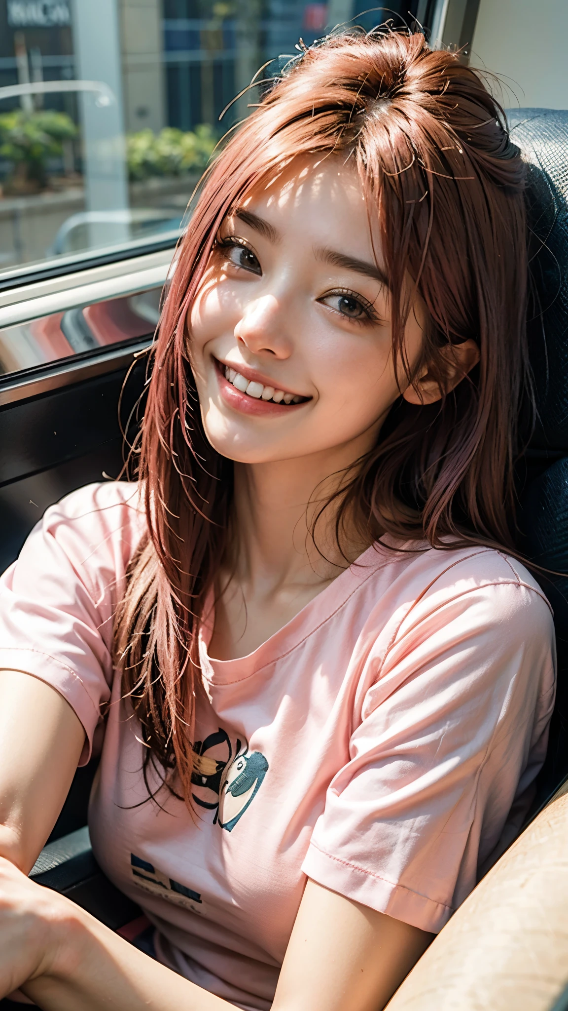 highest quality, masterpiece, Ultra-high resolution, (Realistic:1.4), (Close-up portrait) RAW Photos, 1 girl,20-year-old,((I'm showing my teeth and smiling)),((Big smile)),((Inside the Shinkansen)),((look up)),((Random cute poses)),,((Passionate pink haired girl )),((Pure white T-shirt)),Messy Hair,((Cap Chestnut)),((Short bangs)),Realistic,Image Media Chest)),