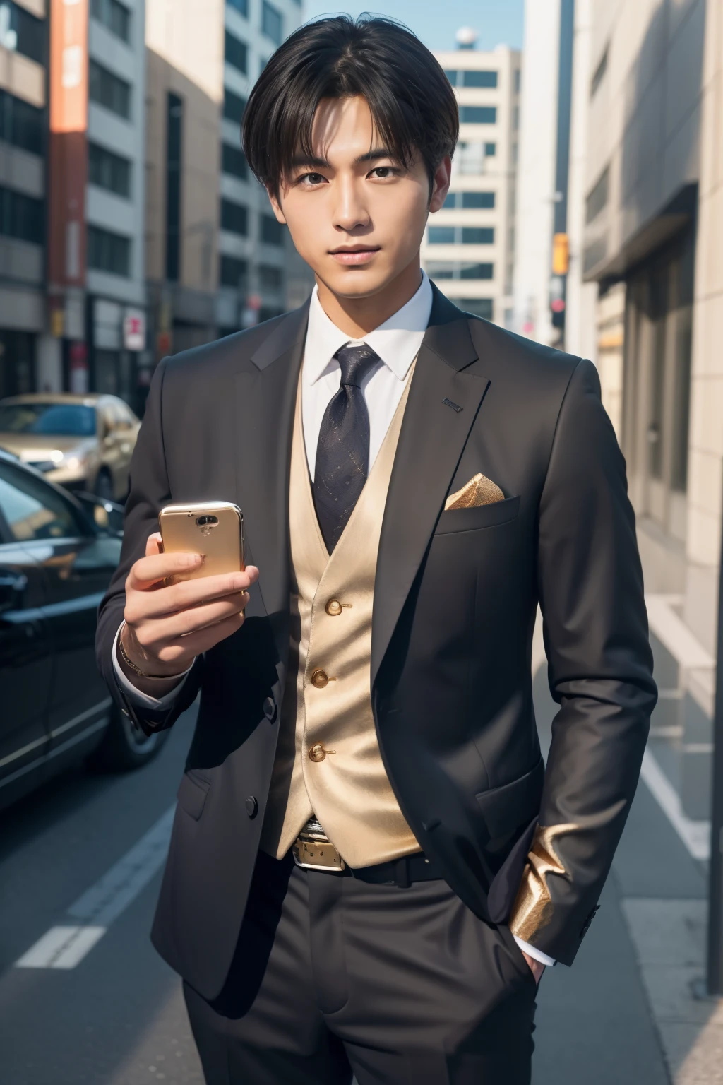 A fresh and handsome 20-year-old new employee、　（A super cool S-class man in a suit）、　20 year old Japanese boys、　Businessman、　(((Gold ultra-luxury suit:1.5)))、　(((I have a smartphone in my hand:1.5)))、Striped suit、　office、　Standing in a suitＳYoung and handsome men、　Full body photo、　（CG Unity 8KのVery detailed写真）、　（Very detailedＳHandsome man in class）、　（Photo realistic）、　　（（highest quality））、　Ultra-detailed、　（masterpiece）、　Ultra HD、　expensive、　Audience、　A kind man、　Very beautiful hair、　Short-haired、　Bright photo、　Handsome like a model、　Handsome like an idol、　Luxury Watches、　Cool Belt、　Japanese