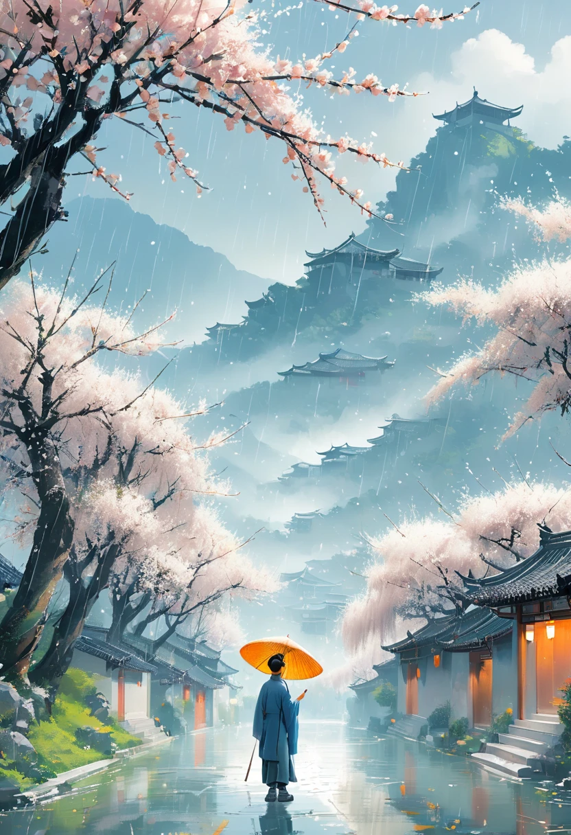 Cai GuoRUN's illustration style, Rainy Qingming season, Under a willow tree, A shepherd boy, amidst the rain, points into the distance, indicating the direction to Apricot Blossom Village, spring is full of freshness, rich details, spring scene, flat design, soft colors, vibrant tones, Chinese traditional painting elements, photorealistic, Minimal composition, High saturation and high contrast,rich light and shadow details, sharp contrast and clean lines, 1cgrssh1