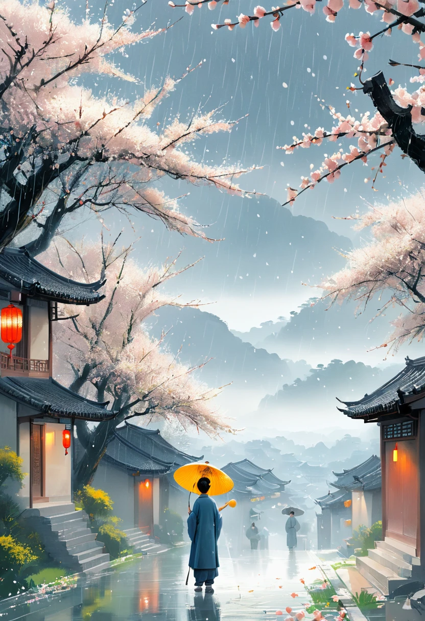 Cai GuoRUN's illustration style, Rainy Qingming season, Under a willow tree, A shepherd boy, amidst the rain, points into the distance, indicating the direction to Apricot Blossom Village, spring is full of freshness, rich details, spring scene, flat design, soft colors, vibrant tones, Chinese traditional painting elements, photorealistic, Minimal composition, High saturation and high contrast,rich light and shadow details, sharp contrast and clean lines, 1cgrssh1