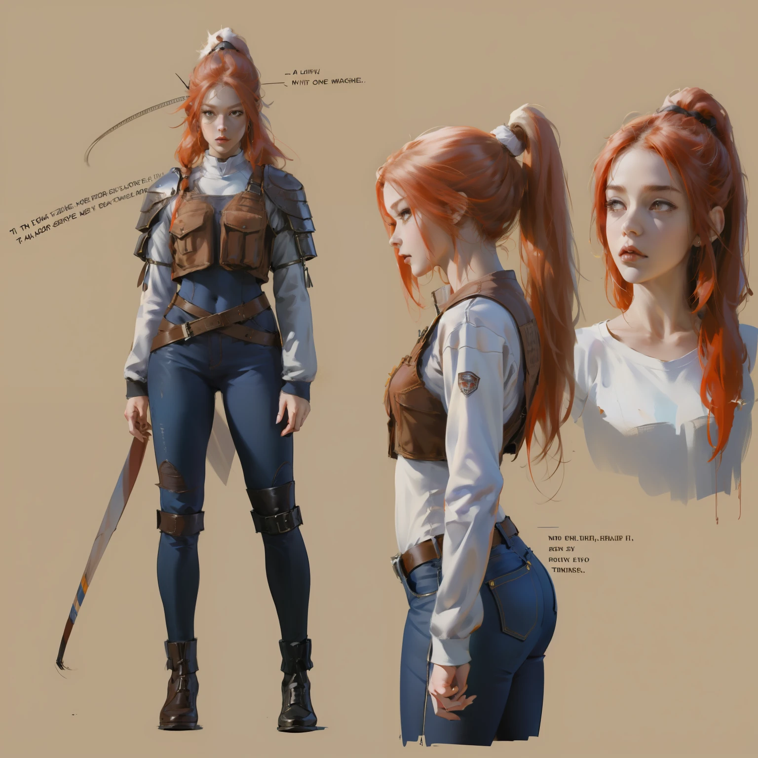 (painting) ((masterpiece, best quality)) (Character Design Sheet, Same role, front, side, retreat, There is text written around) Long hair woman, Red Hair and Ponytail Hairstyle, Brown eyes, Wearing a bulletproof vest, One zip-up long-sleeved T-shirt, White shirt and jeans, retreatpack, Stand and relax