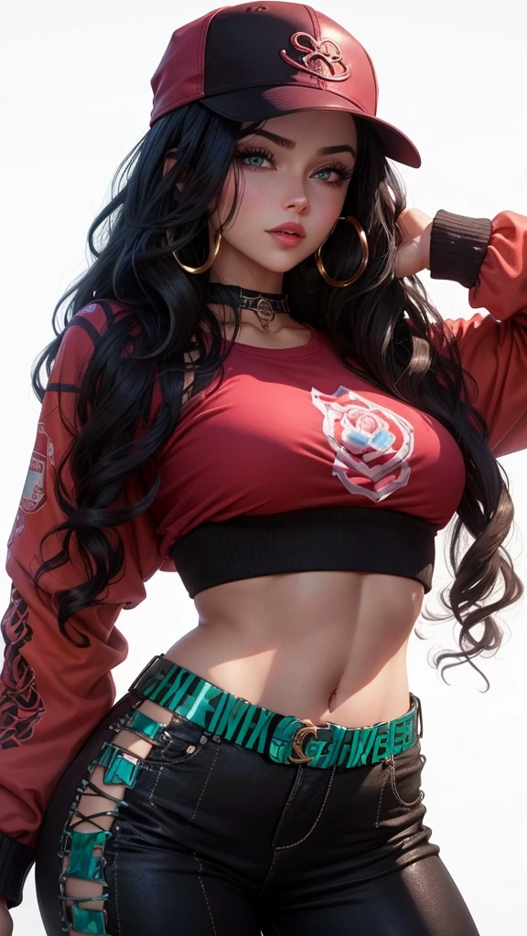 Beautiful girl , slim fit body , wavey black hair, crop top , rose pink lips , blue eyes, blushed cheeks, big breasts , cap , waist ring