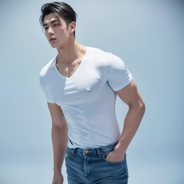 male, 20 year old boy, black eyes, slick back, wearing white long hand shirt clothes, blue jeans, Pectoral muscles, Wide shoulders , half body photo, walking, head facing the camera, (background: blue color empty background)