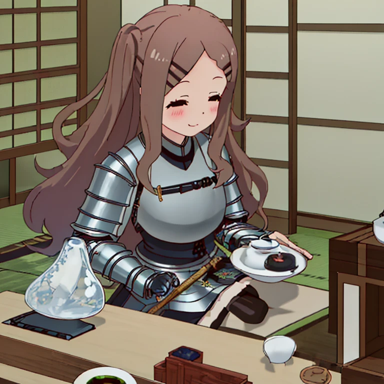 Kokona performing tea ceremony in full plate armor