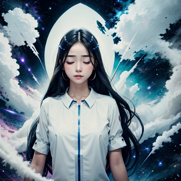 A girl wearing white clothes closing her eyes and there are two world one is the actual one and one is heaven kinda and she is between them