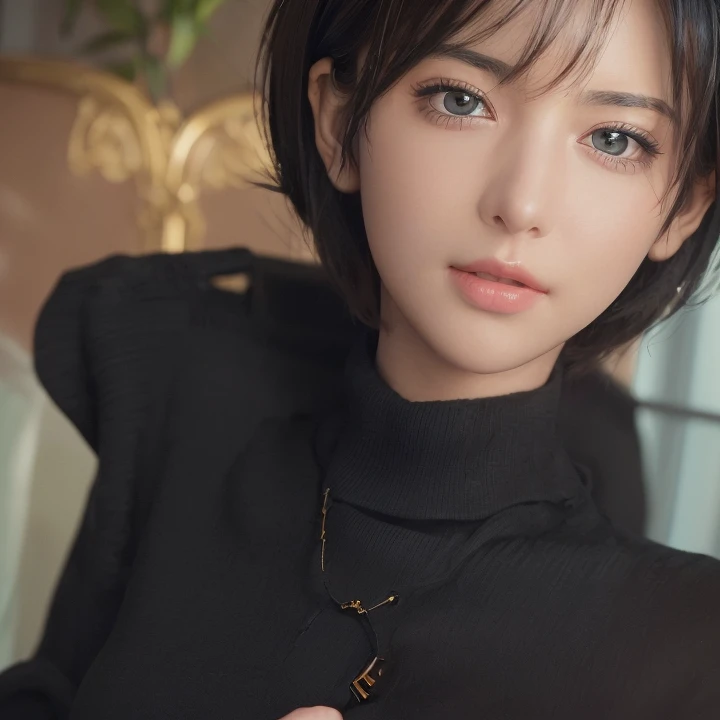(masterpiece:1.3), (8k, photorealistic, RAW photo, best quality: 1.4), (1girl), beautiful face, (realistic face), (black hair, short hair:1.3), beautiful hairstyle, realistic eyes, beautiful detailed eyes, (realistic skin), beautiful skin, (sweater), absurdres, attractive, ultra high res, ultra realistic, highly detailed, golden ratio