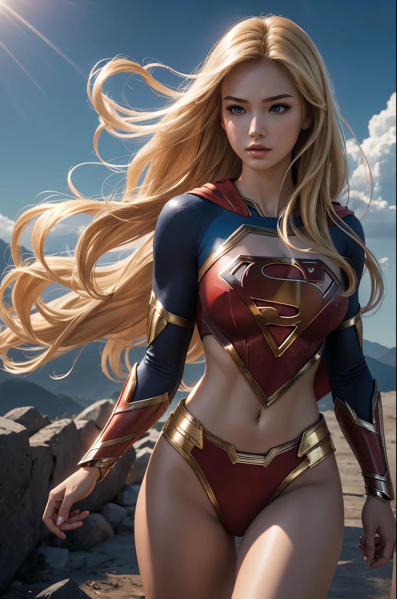 8K,Warrior Supergirl,Blonde,Super Beauty(Like the real thing),Kryptonian,Superman Costume,masterpiece,Photorealistic RAW photos of the highest quality。Bright colors,Rich colors, Backlight, Cinema Lighting, Film Grain, to be born, 50mm lens, Nikon D850,Realistic Skin,Fantasy art,Character Art,Ultra-high resolution,Surreal,A wonderful work of art、((Kyoto Panel Style))、Wind effects:1.9、Cloud Effect:1.2、Full Rendering、Professional quality high resolution、Perfect contrast、Perfect lighting、Perfect composition、Perfect Skin、Perfect Fingers、Perfect breasts、Perfect Hair、Perfect Face、Realistic facial features,super highest quality,Slim figure,Perfect body line,Perfect hand shape,Anatomical body balance,Highly detailed face,Highly detailed eyes,Beautiful Lips,Excellent light particles,Cinema Lighting,Makeup,Ultra-high resolution,超Realistic Skin,Sexy woman closeup,Dynamic pose,Hard and strong abs,Makeup,