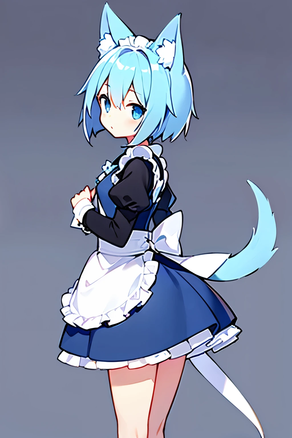 Light blue tail、Thin legs、Small waist、Long Skirt、Light blue hair、short hair、Animal ears、Black maid outfit、Don&#39;t expose your shoulders、White socks、White garter belt、Slender figure、Small breasts、Dim background、jitome、Blue Eyes、Crouching pose、Composition from the front