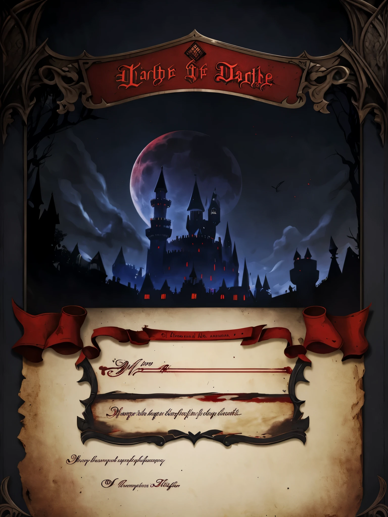 graphic design，Deep Red、Dark blue dominant color，Dark medieval style，Magic Age，Parchment scroll old style，Blood Texture，In the center of the picture is a dark castle，There is a bloody title at the top of the screen: &References;Full moon night&References;，The back of the card，Theme UI design，HD，4K。