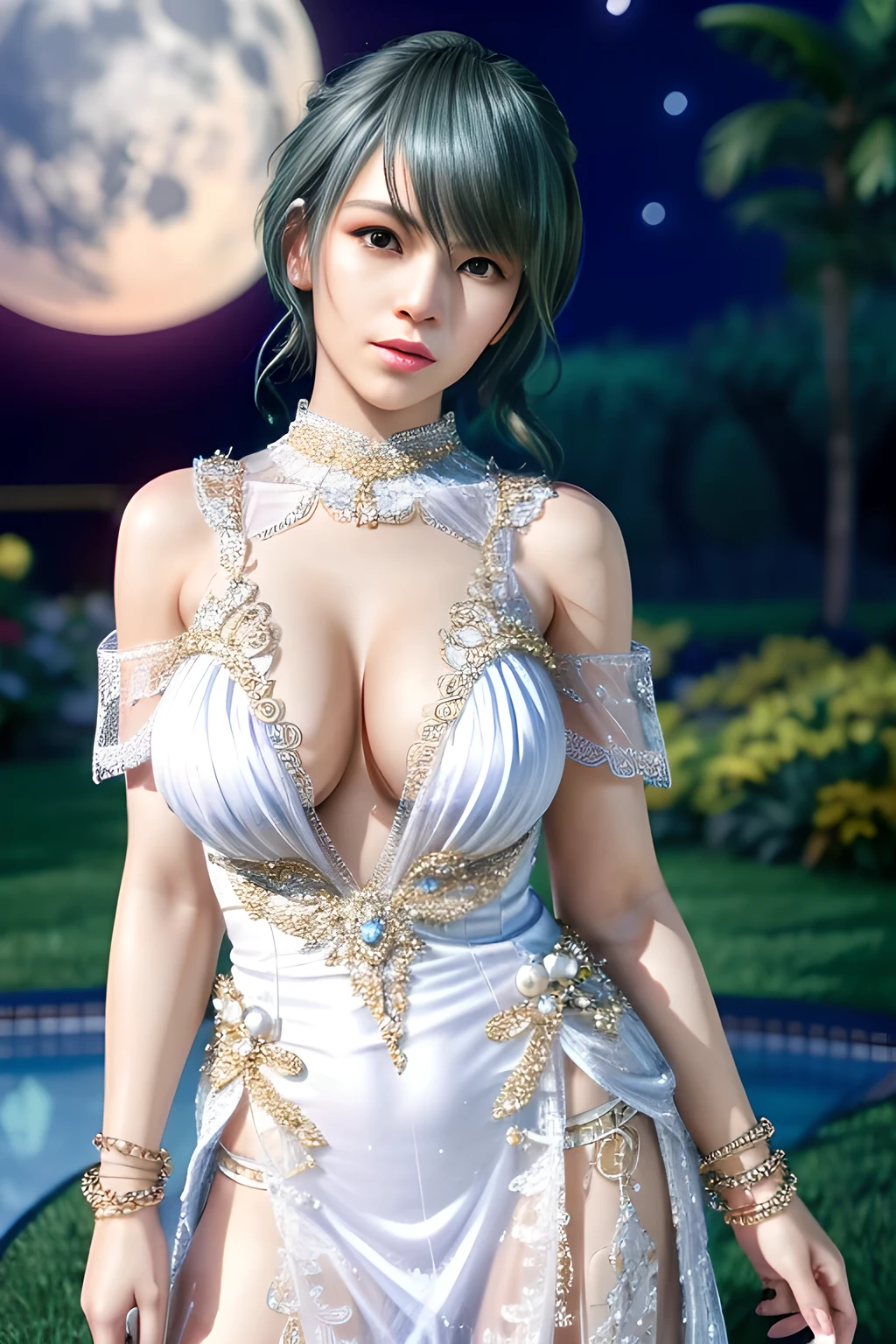 1 girl,lean over WINK,((Wearing Ice-crystal embellished dress:1.5),(Wearing Jewel:1.2) ,( lace_cloak:1.3),(Fluffs :1.4),(pearl bodychain:1.3),garden,nighttime,moon,( huge breasts ),cleavage,shiny skin,lip gloss,tattoos, masterpiece, best quality, realistic ,Surrealism,Rich artistic colors,natural colors art in 8k,3D,Portrait art,solo, tamaki