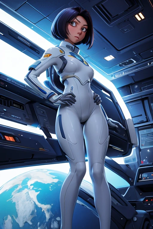 1 chica linda y hermosa, 20 years, de pie en una enorme nave espacial, Full of technology and futuristic interior., Open vision, lineas suaves, inspired by the movie space traveler, apariencia seductora, ultra high definition, piernas largas sexys