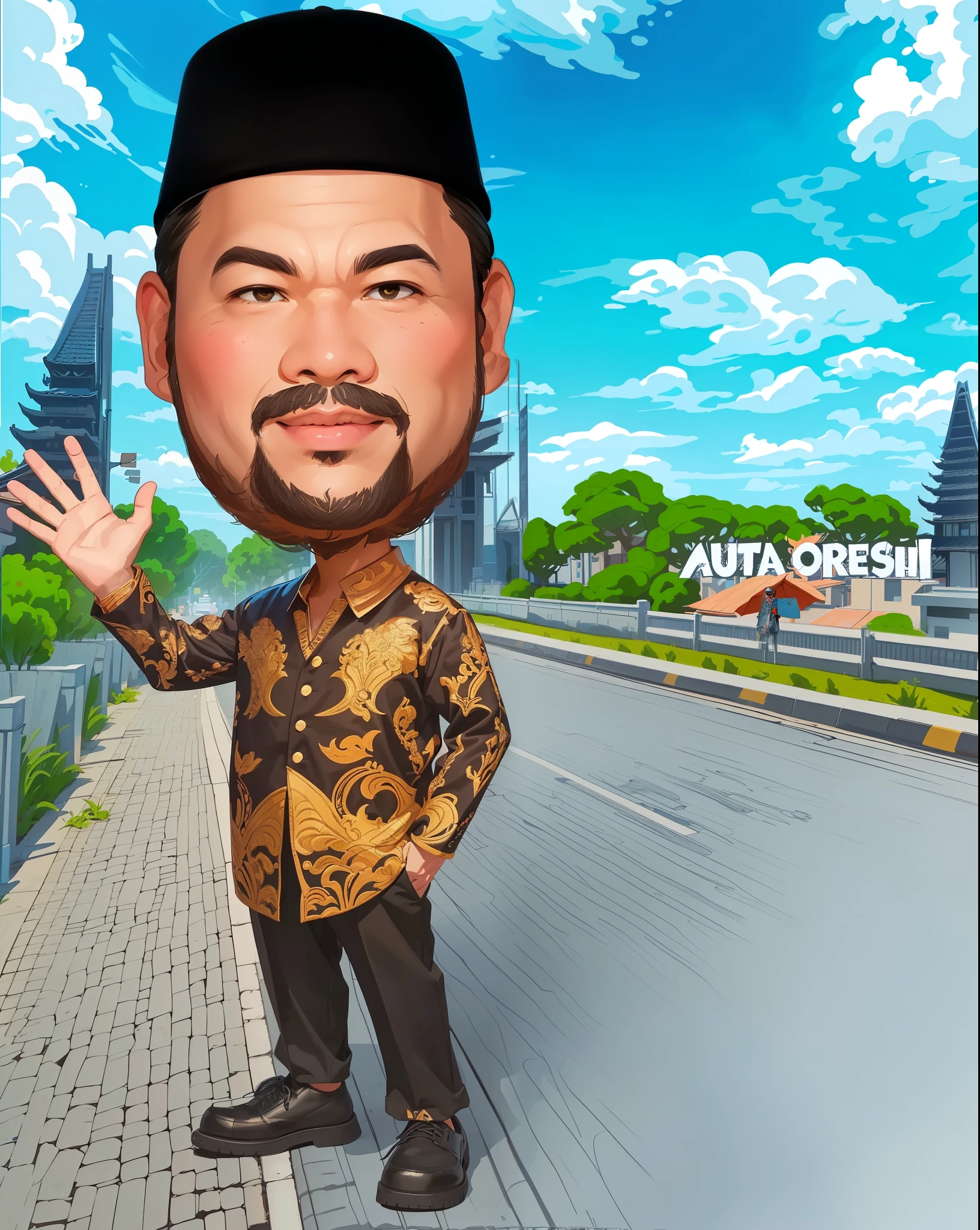 cartoon of a man with a beard and a hat standing on a street, caricature illustration, caricature, caricature!!!, caricature style, trading card fond, proffesional illustration, digital art cartoon, official artwork, official illustration, digital art!!, inspired by I Ketut Soki, fanart, official fanart behance hd, inspired by Basuki Abdullah