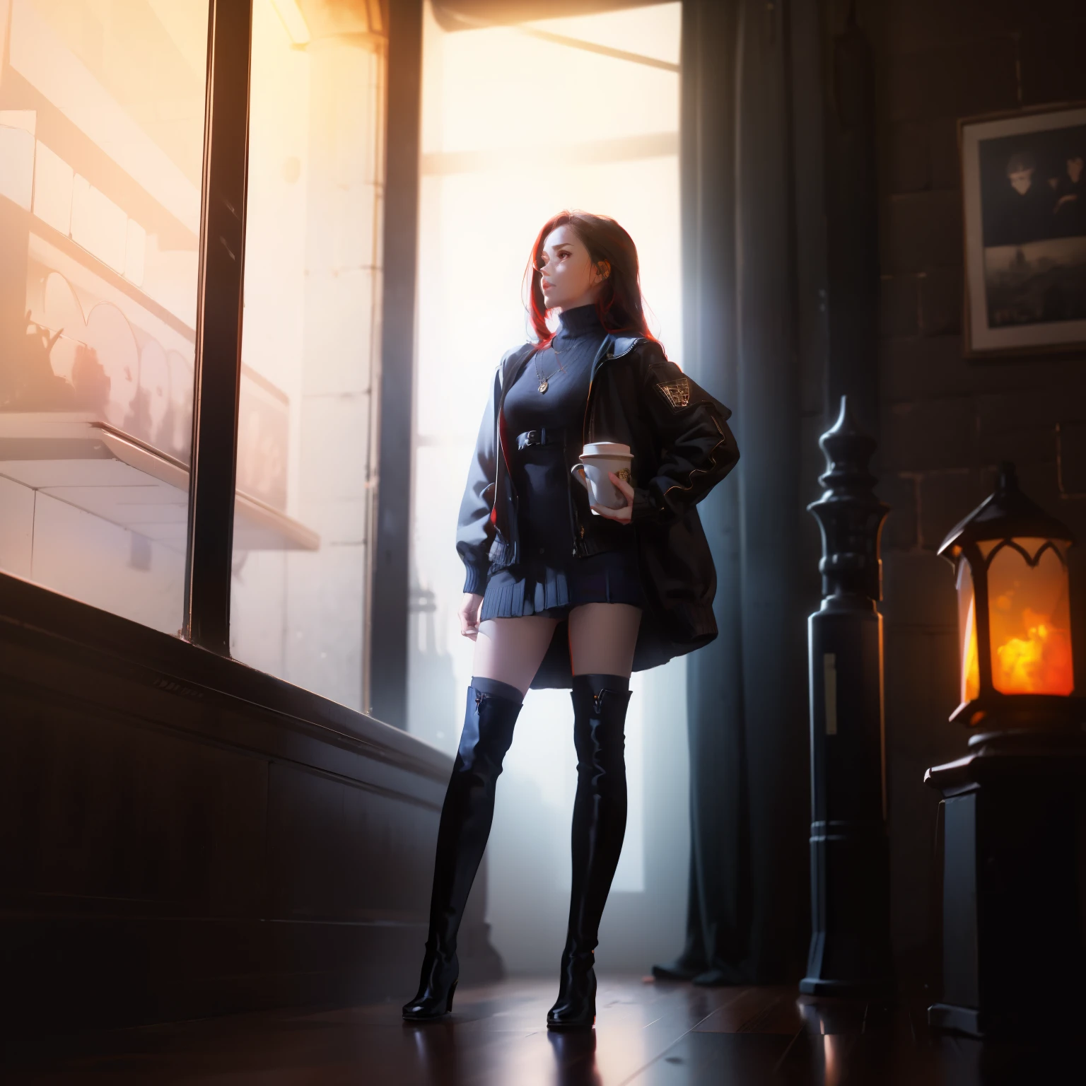 indoors, portrait, A 25-year-old woman holding a coffee cup, Black Cropped Knit Cardigan, arm:1, Dark red and black plaid narrow skirt, Black suede knee-high boots, Standing by the office window