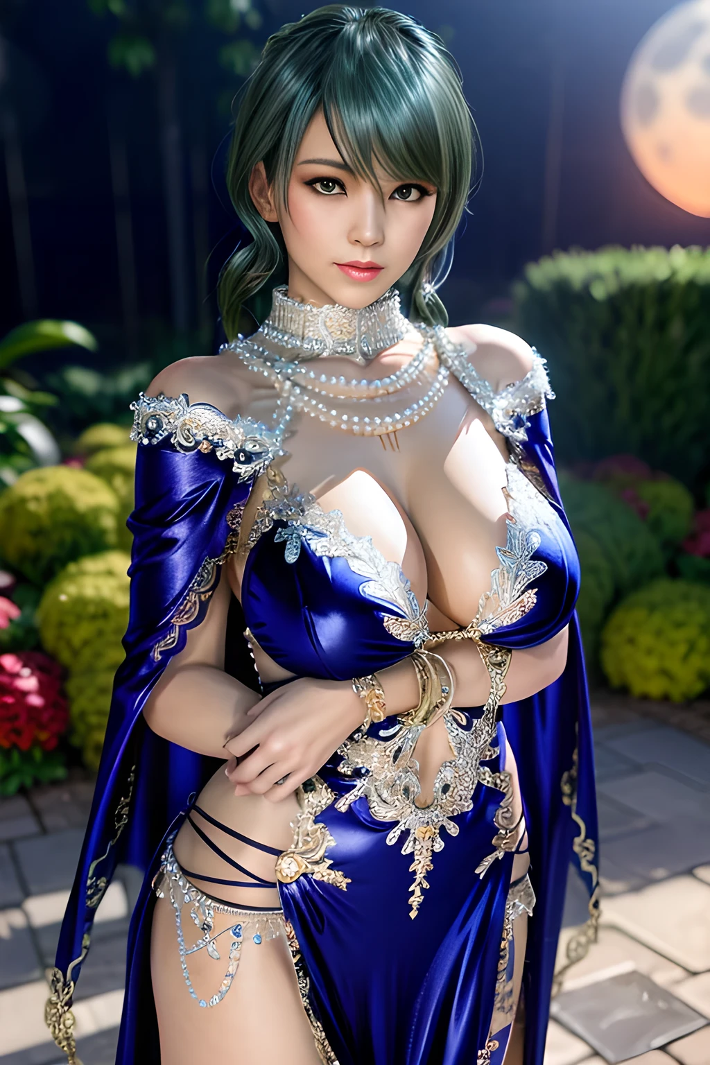 1 girl,lean over WINK,((Wearing Ice-crystal embellished dress:1.5),(Wearing Jewel:1.2) ,( lace_cloak:1.3),(Fluffs :1.4),(pearl bodychain:1.3),garden,nighttime,moon,( huge breasts ),cleavage,shiny skin,lip gloss,tattoos, masterpiece, best quality, realistic ,Surrealism,Rich artistic colors,natural colors art in 8k,3D,Portrait art,solo, tamaki