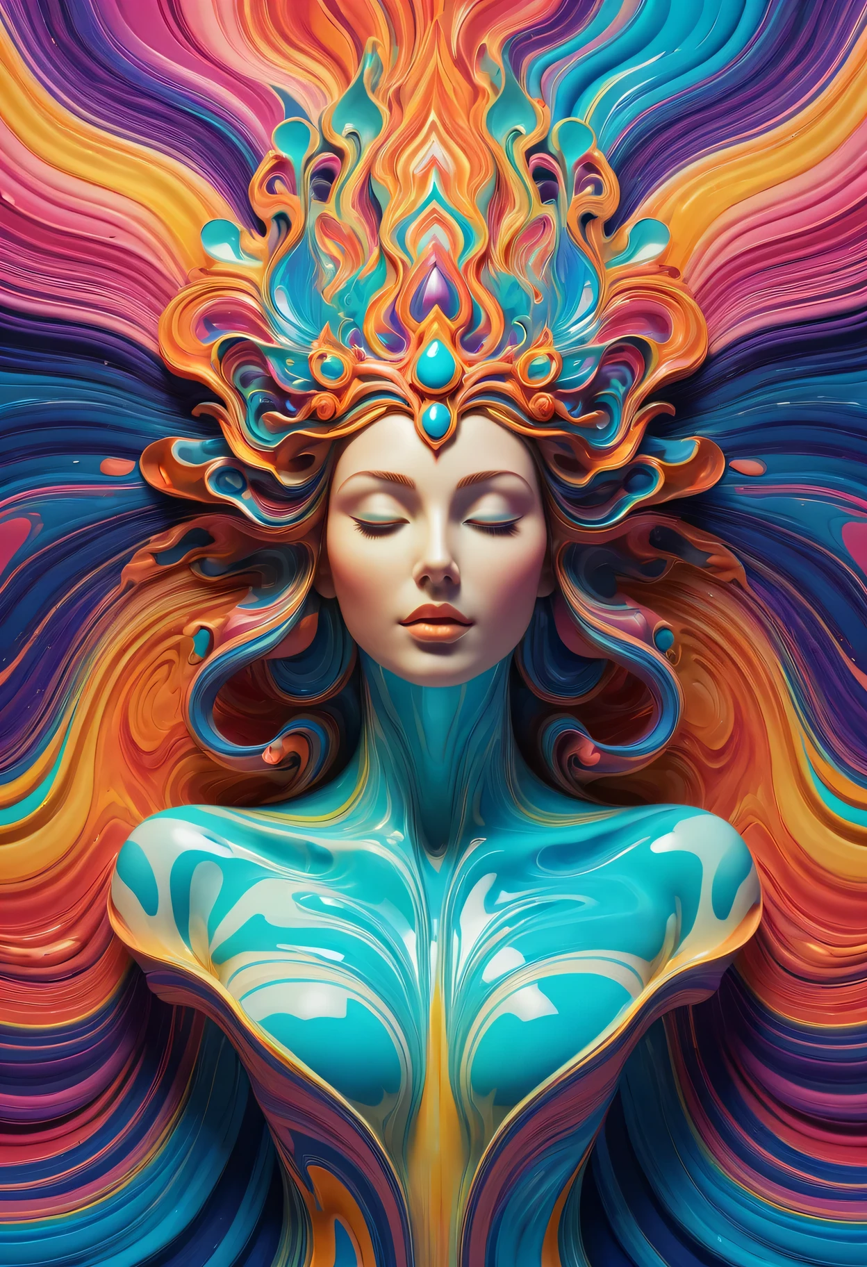 Psychedelic abstract art：3D goddess portrait made of flowing liquid，Background of the myth
