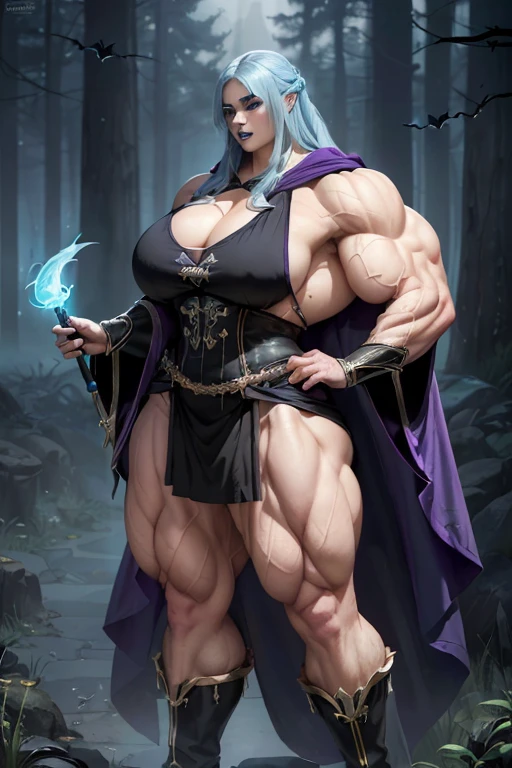 ((((Massive, tall, beautiful, buff, muscular pale white skinned woman mage with cyan hair, black lipstick, ginormous bulky muscles, holding a cyan mage staff and wearing a beautiful hooded black enchanted robe with gothic armor and long beautiful skirt)))), ((close view)), massive muscles, massive biceps, hyper muscle shoulders, hyper muscle triceps, (long beachy hair), purple eyes, (wearing an extremely intricate robes, magical robes), mage boots, beautiful skirt, smirk, black gauntlets, (in a misty Mystical forest with bats), evening, Vascular arms, hyper vascular arm, hyper muscles arms, hyper muscle legs, massive arms.