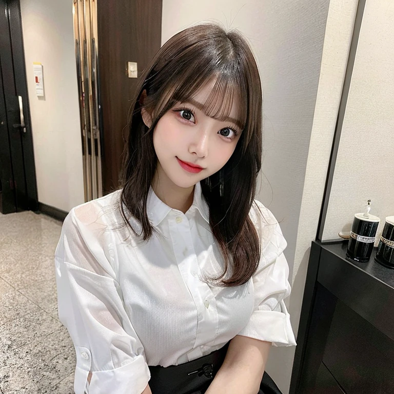 She is wearing a white button-up shirt, no panties, beautiful vagina, very beautiful crotch, very beautiful eyelashes, very beautiful under-eye bags, very beautiful brown hair, model-like Japanese girlfriend, Japanese girl, hotel background, she is wearing a tight black leather miniskirt, she is spreading her legs, she is wearing a white button-up shirt, she is wearing no panties, very beautiful crotch, she has very beautiful eyelashes, she has very beautiful under-eye bags, she is wearing a tight black leather miniskirt, she is spreading her legs, red face, smiling, brown hair, with bangs, Ulzzang hair, NSFW