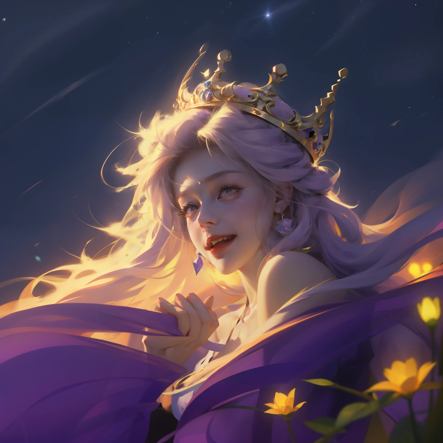 best quality, High_solve, clearly_image, Detailed background ,girl, Random wear,flower, Night Sky,Hook of Holland, Wide-angle lens,Shy laugh, crown,