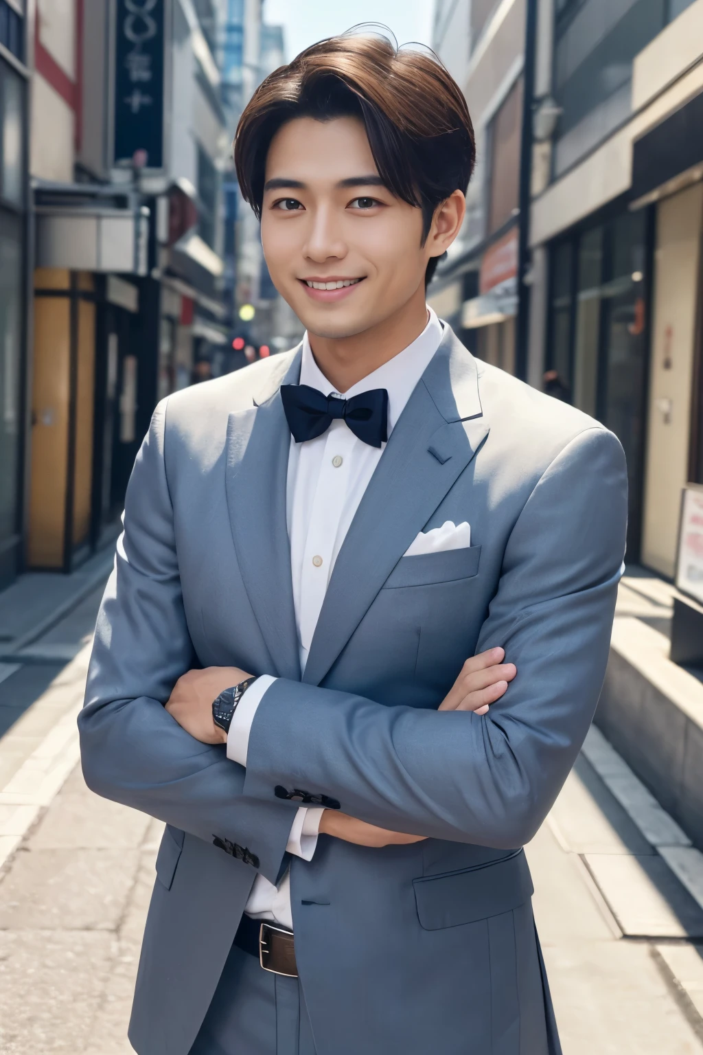 (highest quality、Best image quality、超A high resolution)、Japanese、Handsome man、30 years old、Happy young Japanese businessman president、Very attractive businessman, Golden suit、smartphone、Elegant costumes and halls々Stand with arms folded and a smile、masterpiece、Photo realistic、The background is blurred、Big smile、Latest stylish suits 、Medium Hair、Super cool、Twink、Soft skin and a nice perfect face、8k、Surreal、