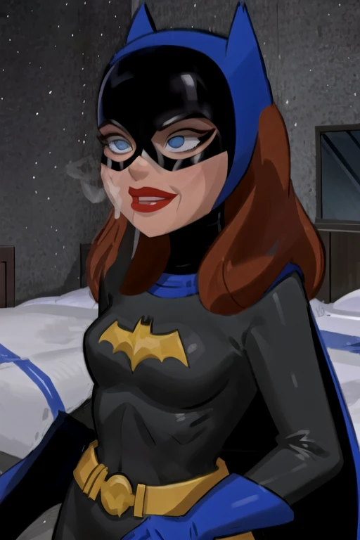 (best-quality:0.8), perfect anime illustration, babs, 1girl, solo, long hair, smile, blue eyes, bedroom, gloves, belt, blue cape, lips, bodysuit, makeup, mask, lipstick, , red lips, superhero, blowing job