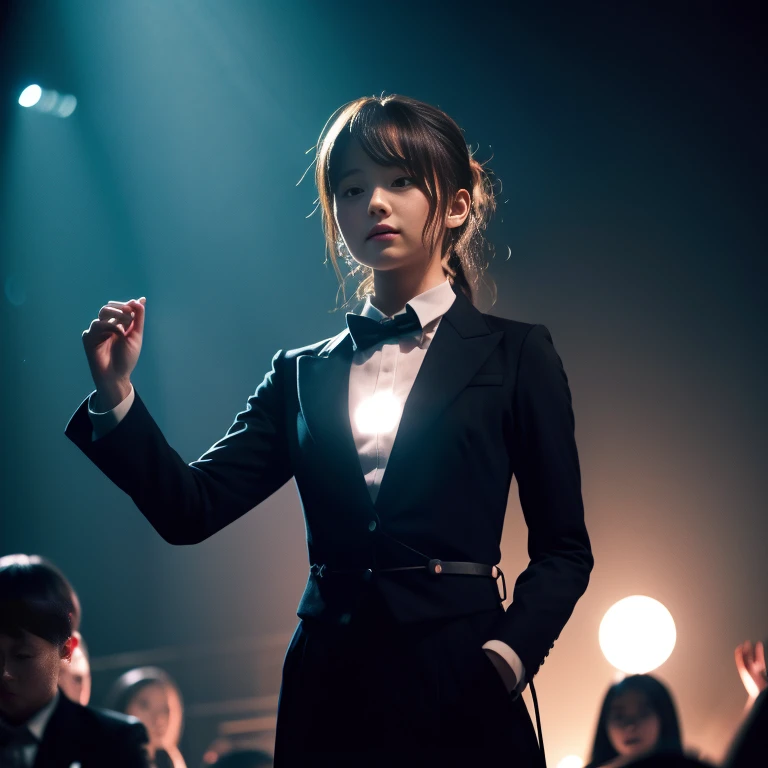 masterpiece、Flat Color、Depth of written boundary、Lens Flare 1 Girl、、Brown Hair、Staring at the audience　　　　internal　Black suspenders　Social OL　　　Your breasts are too big　　　 　 Armpit sweat　sweating　Sides of both hands　　wall: Black suit　Black trousers, Black jacket