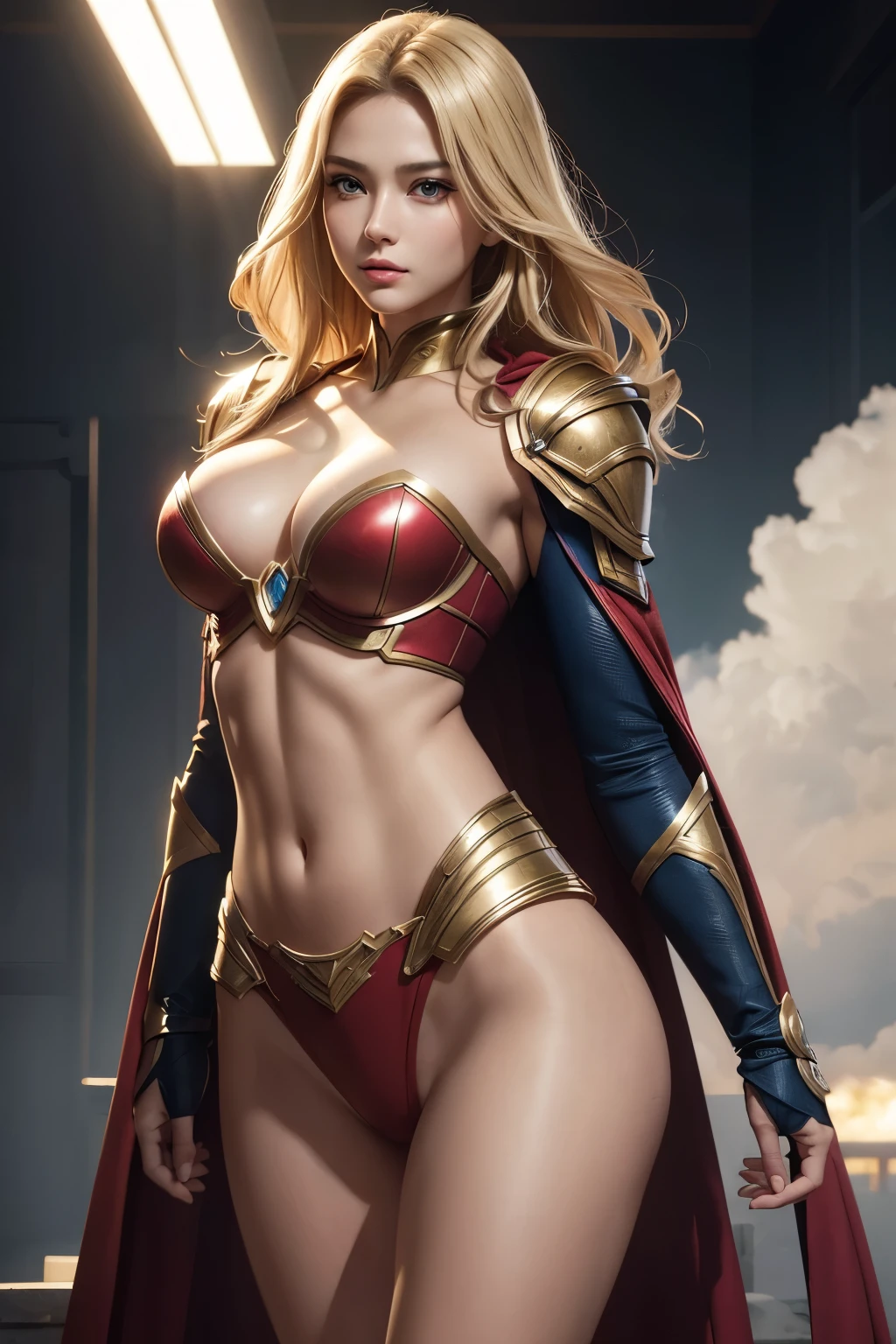 8K,Supergirl,Blonde,Super Beauty(Like the real thing),masterpiece,Photorealistic RAW photos of the highest quality。Bright colors,Rich colors, Backlight, Cinema Lighting, Film Grain, to be born, 50mm lens, Nikon D850,Realistic Skin,Fantasy art,Character Art,Ultra-high resolution,Surreal,A wonderful work of art、((Kyoto Panel Style))、Wind effects:1.9、Cloud Effect:1.2、Full Rendering、Beautiful armor patterns and decorations,Surreal,Armor details,Professional quality high resolution、Perfect contrast、Perfect lighting、Perfect composition、Perfect Skin、Perfect Fingers、Perfect breasts、Perfect Hair、Perfect Face、Realistic facial features,super highest quality,Slim figure,Perfect body line,Perfect hand shape,Anatomical body balance,Highly detailed face,Highly detailed eyes,Beautiful Lips,Excellent light particles,Cinema Lighting,Makeup,Ultra-high resolution,超Realistic Skin,Sexy woman closeup,Dynamic pose,Hard and strong abs,Makeup,landscape,