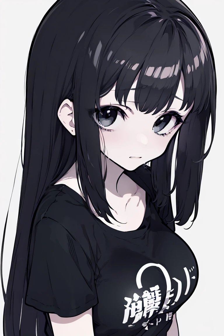  ((background))), (portrait), (masterpiece,) Best quality, ultra quality, young woman, pale skin, completely black eyes, short bangs, long black hair, White T-shirt, big breasts, black shorts,black sneakers, embarrassed, crying.