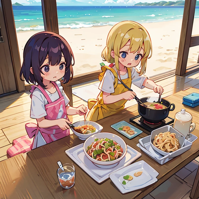 Girls making yakisoba at the beach house　Swimsuit and apron