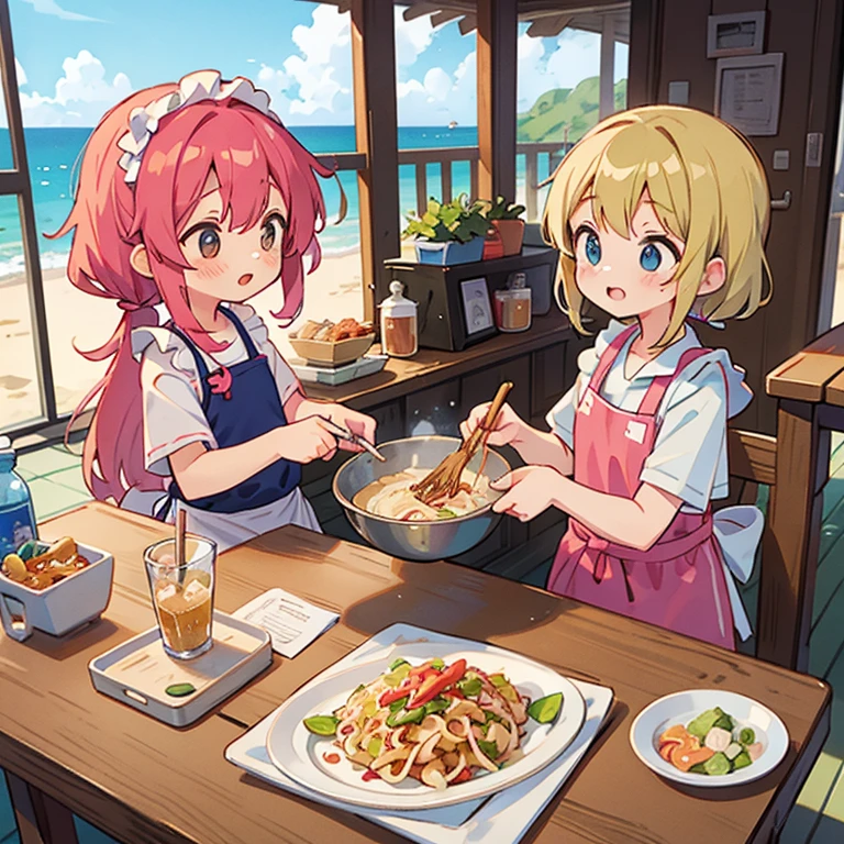 Girls making yakisoba at the beach house　Swimsuit and apron